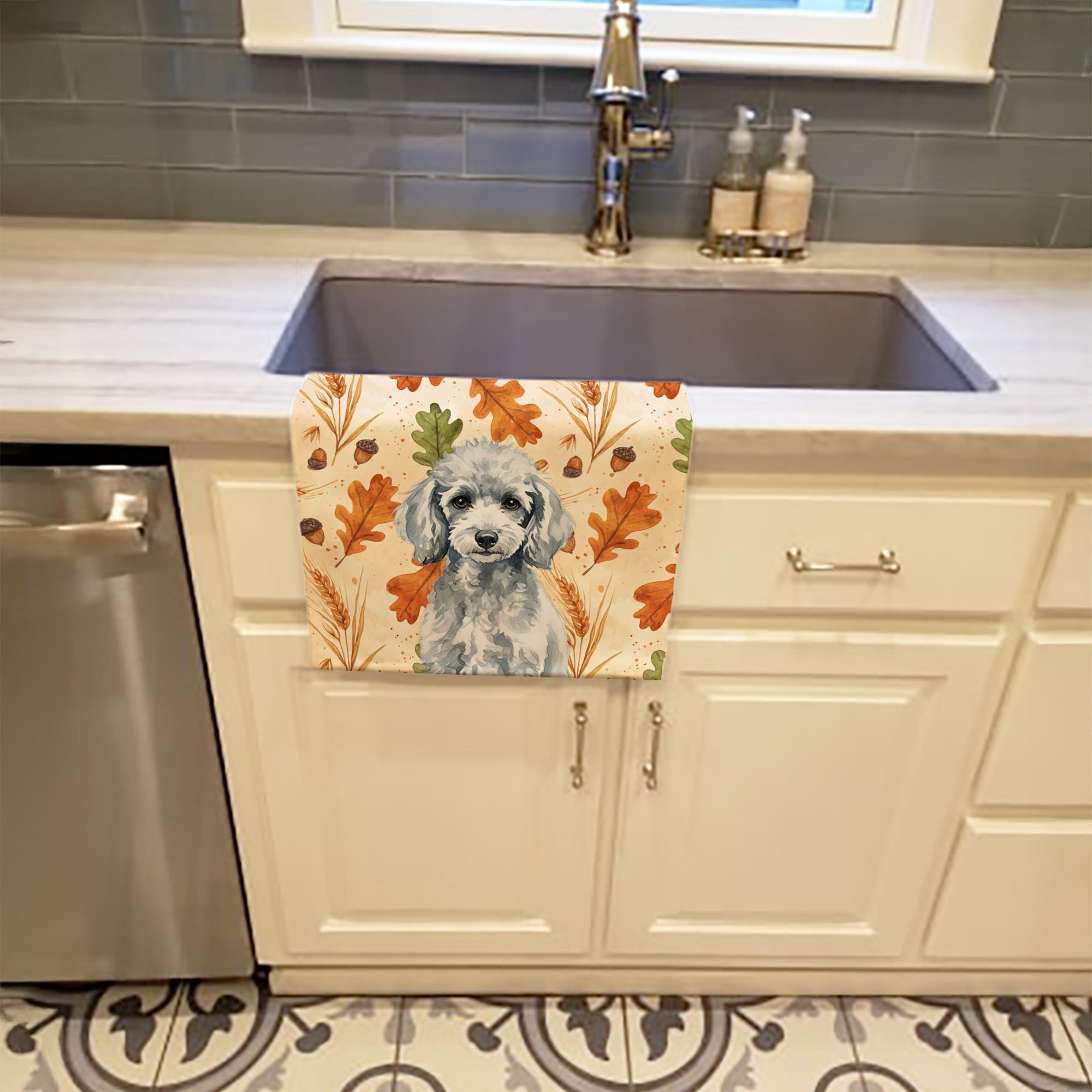 Miniature Silver Poodle Heirloom Fall Kitchen Towel Velour Plush Front and Cotton Loop Back Machine Washable