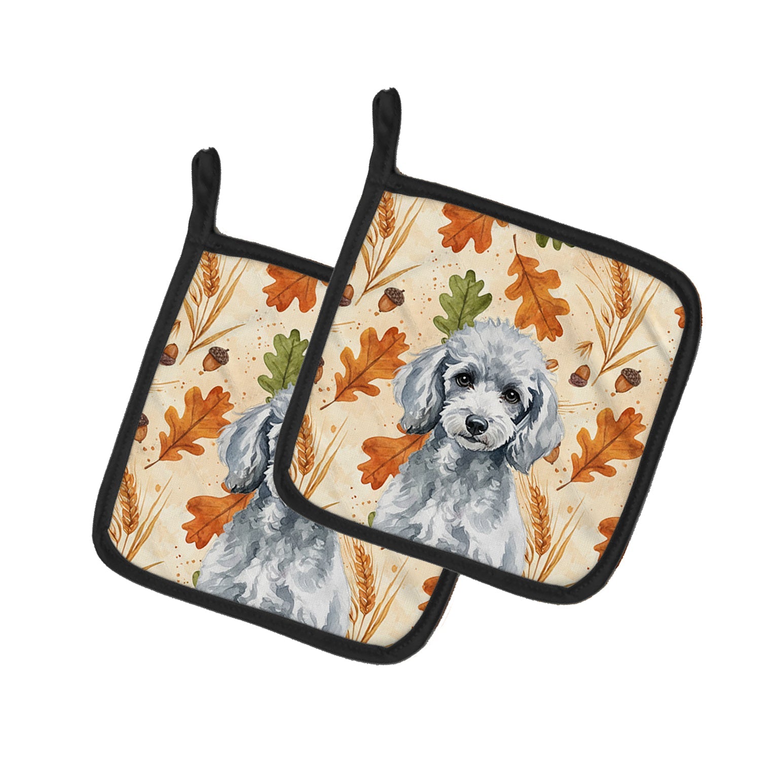 Miniature Silver Poodle Heirloom Fall Pot Holder Set of 2 Heat Resistant Quilted Hot Pads 7.5 x 7.5 Inch, Insulated Kitchen Trivets for Cooking & Baking