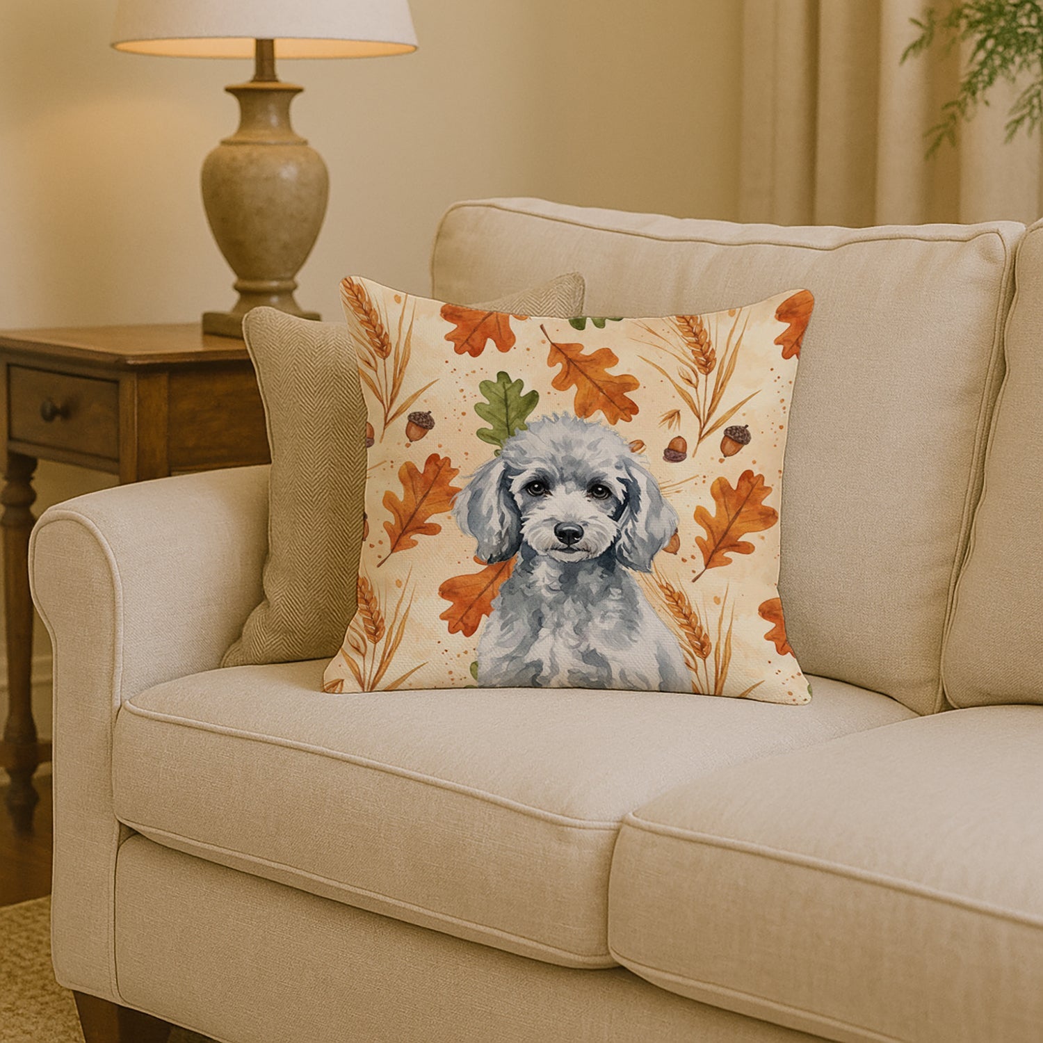 Miniature Silver Poodle Heirloom Fall Decorative Throw Pillow 14x14 Indoor Outdoor Accent Cushion, Fabric Cover with Insert for Sofa, Bed, Porch & Living Room
