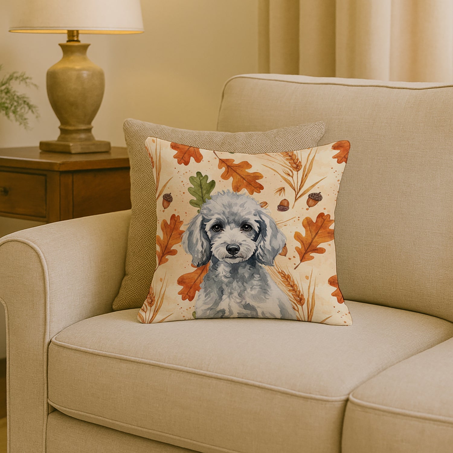 Miniature Silver Poodle Heirloom Fall Decorative Throw Pillow 18x18 Indoor Outdoor Accent Cushion, Fabric Cover with Insert for Sofa, Bed, Porch & Living Room