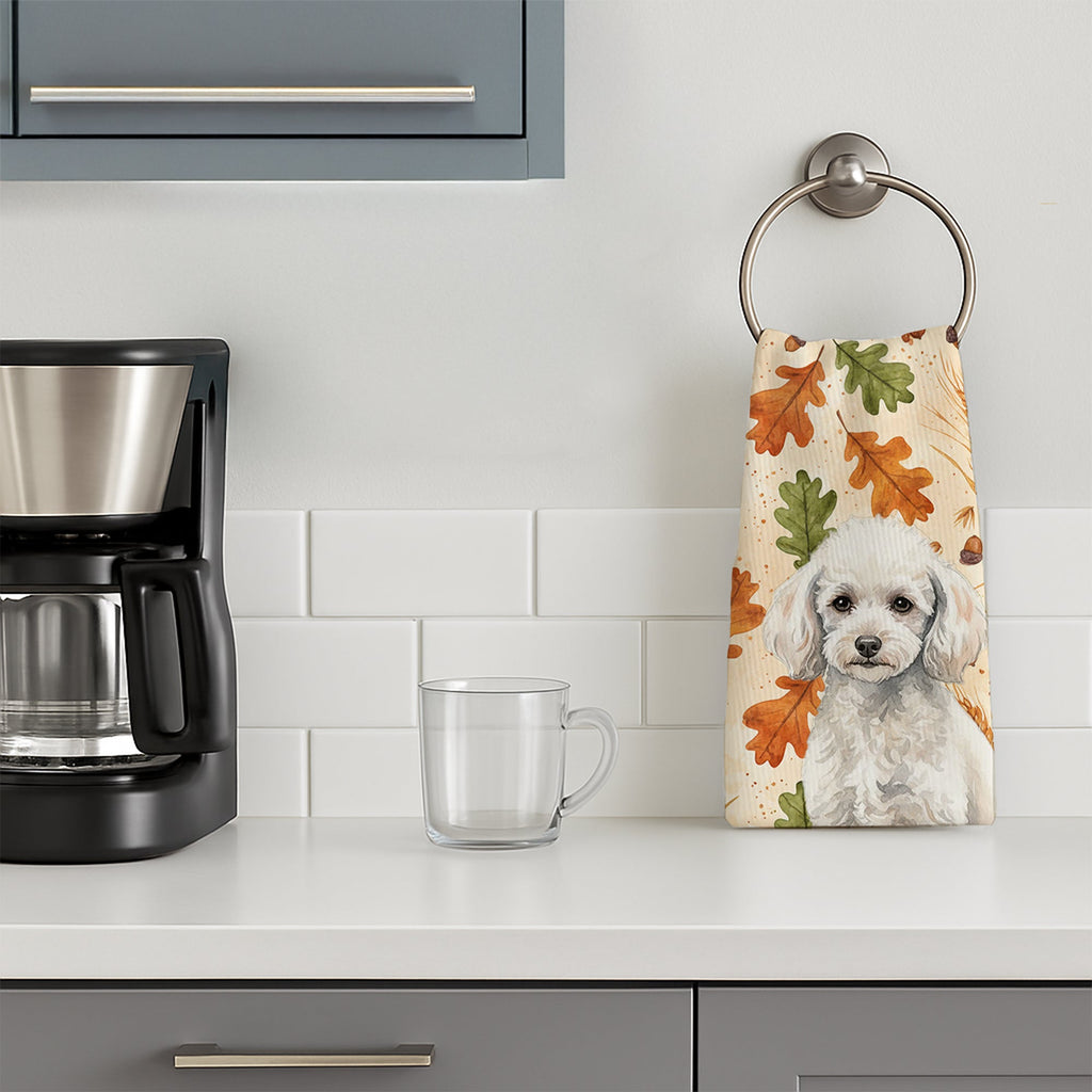 Miniature White Poodle Heirloom Fall Kitchen Towel Velour Plush Front and Cotton Loop Back Machine Washable