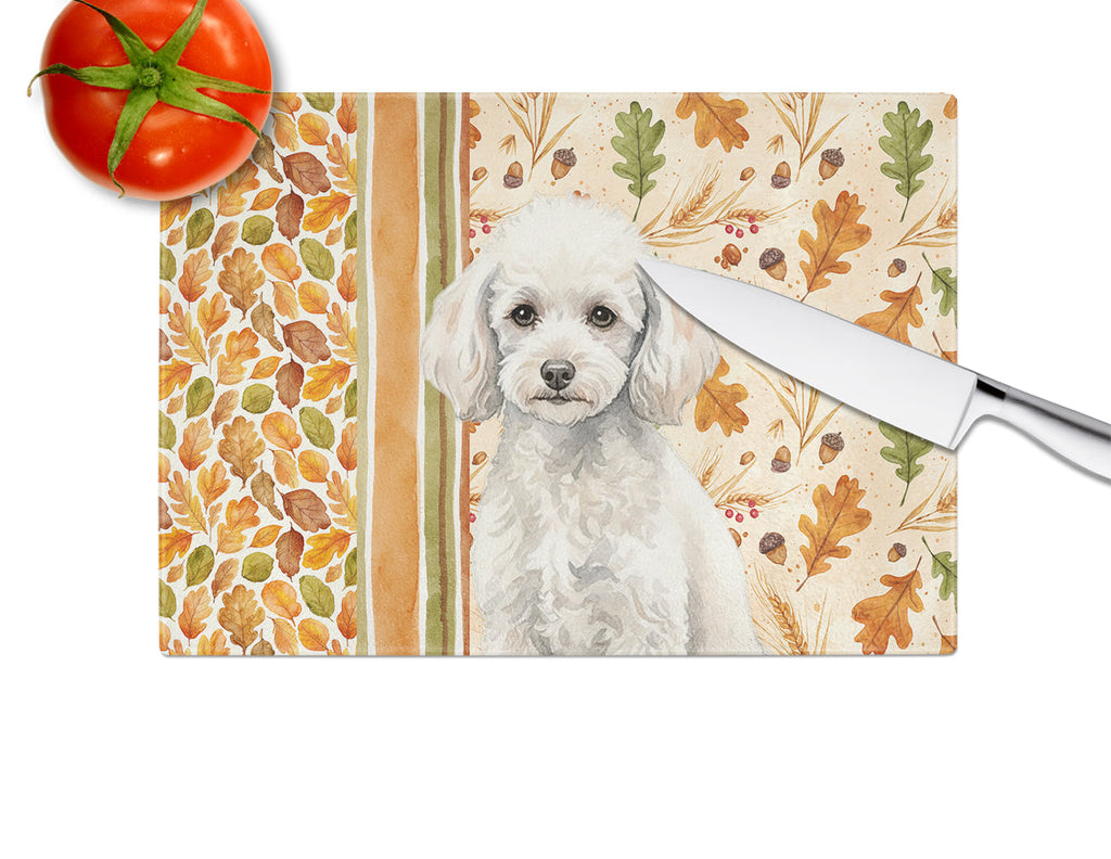 Miniature White Poodle Heirloom Fall Cutting Board Tempered Glass Kitchen Cutting Surface, Heat Resistant Chopping, Non-Slip Feet, Food Prep & Serving