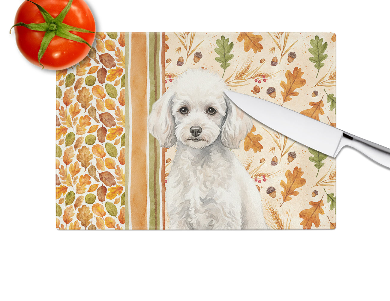 Miniature White Poodle Heirloom Fall Cutting Board Tempered Glass Kitchen Cutting Surface, Heat Resistant Chopping, Non-Slip Feet, Food Prep & Serving