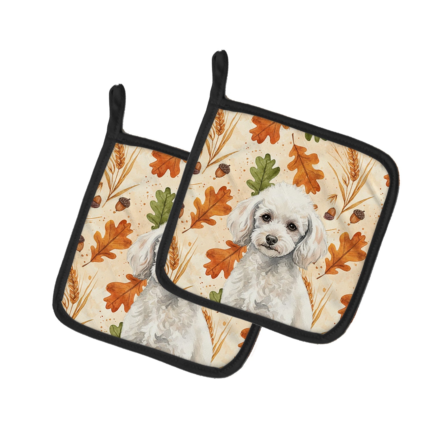 Miniature White Poodle Heirloom Fall Pot Holder Set of 2 Heat Resistant Quilted Hot Pads 7.5 x 7.5 Inch, Insulated Kitchen Trivets for Cooking & Baking