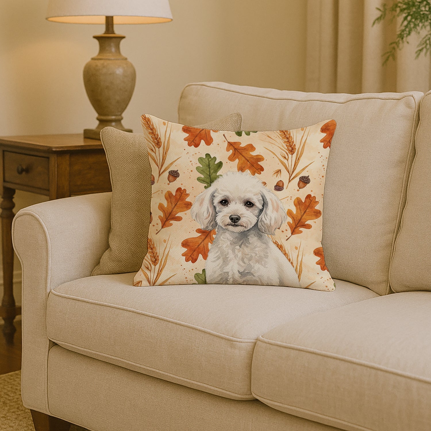 Miniature White Poodle Heirloom Fall Decorative Throw Pillow 14x14 Indoor Outdoor Accent Cushion, Fabric Cover with Insert for Sofa, Bed, Porch & Living Room