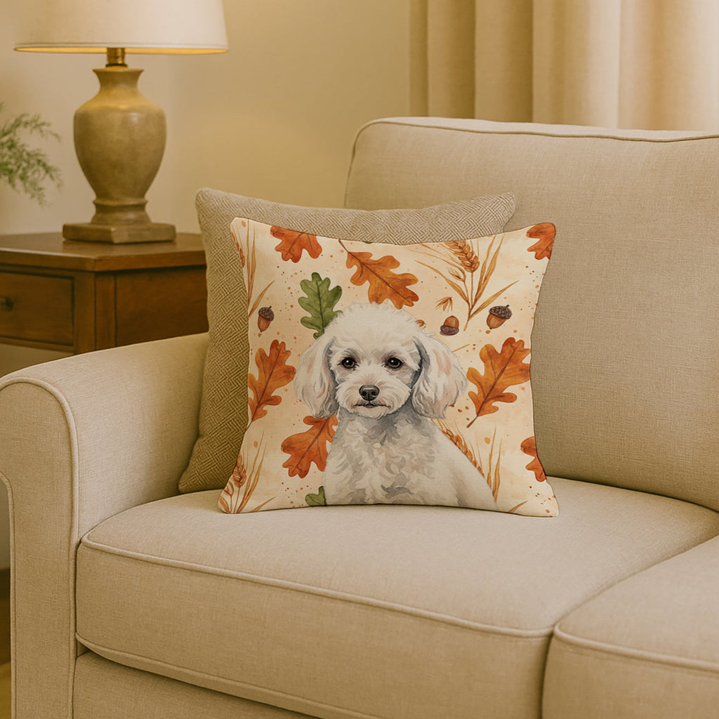 Miniature White Poodle Heirloom Fall Decorative Throw Pillow 18x18 Indoor Outdoor Accent Cushion, Fabric Cover with Insert for Sofa, Bed, Porch & Living Room
