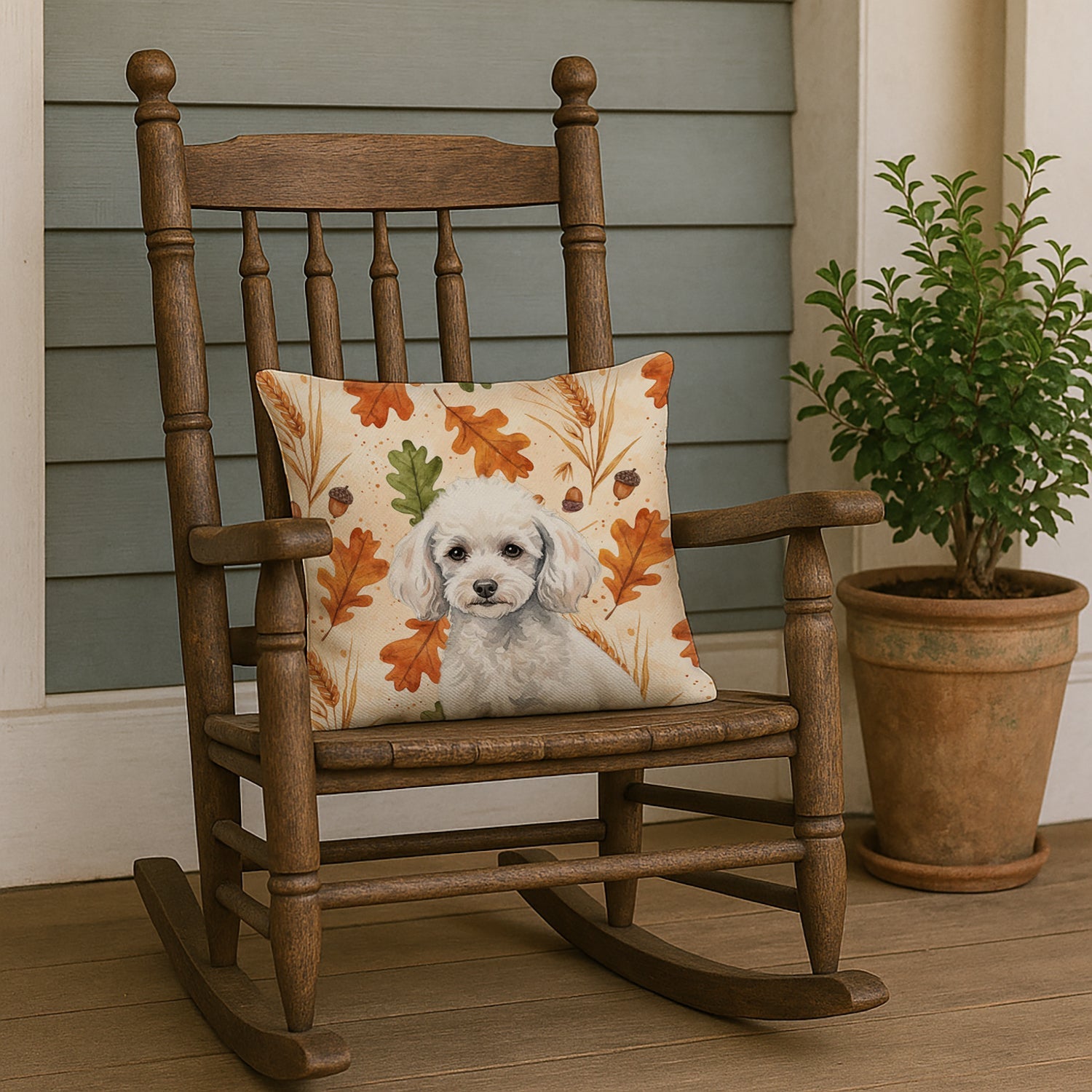 Miniature White Poodle Heirloom Fall Decorative Throw Pillow 18x18 Indoor Outdoor Accent Cushion, Fabric Cover with Insert for Sofa, Bed, Porch & Living Room
