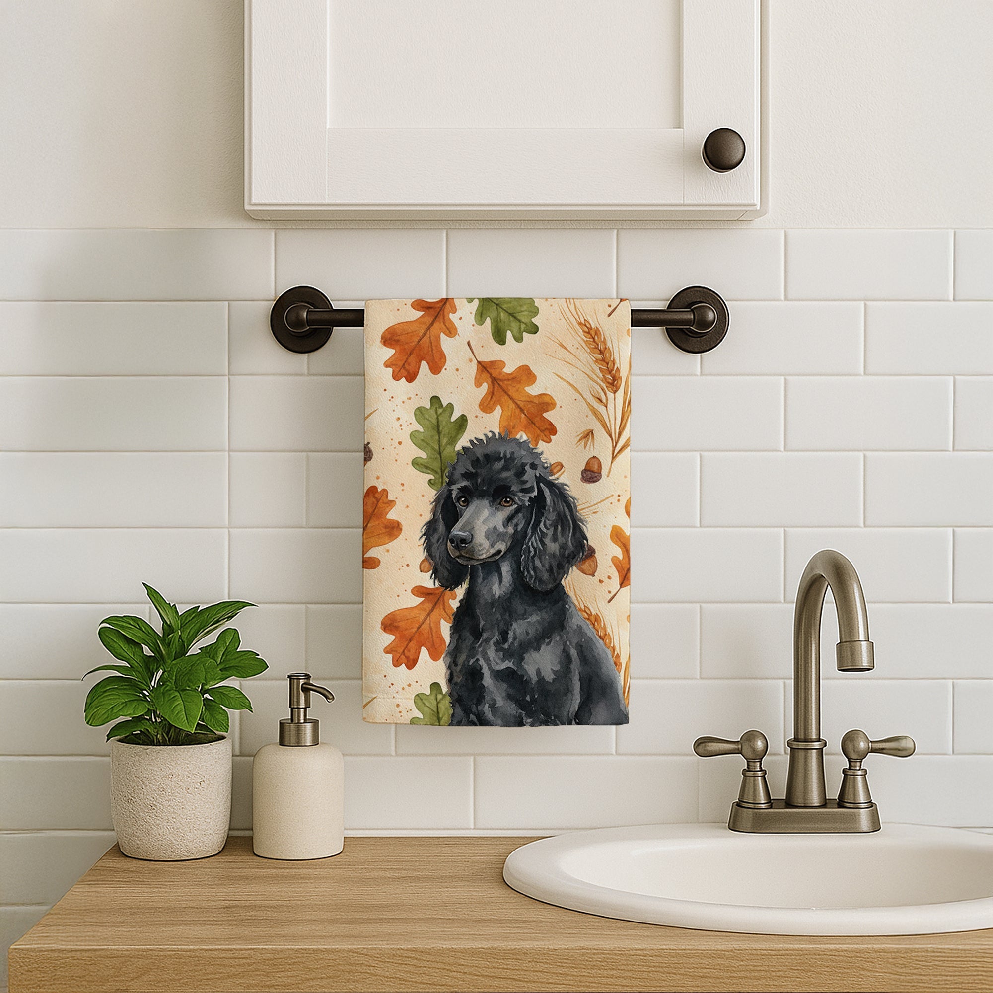 Standard Black Poodle Heirloom Fall Kitchen Towel Velour Plush Front and Cotton Loop Back Machine Washable