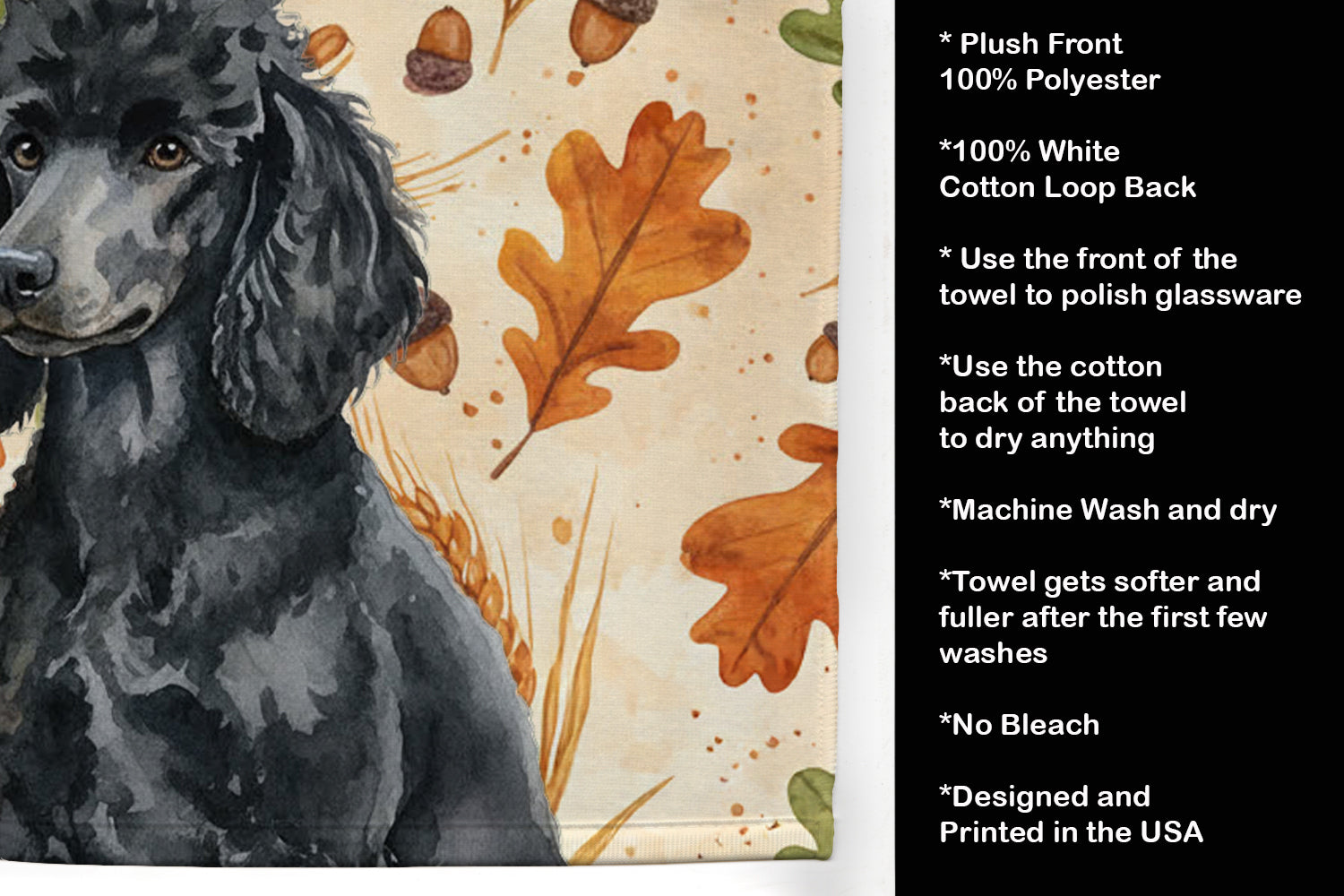 Standard Black Poodle Heirloom Fall Kitchen Towel Velour Plush Front and Cotton Loop Back Machine Washable