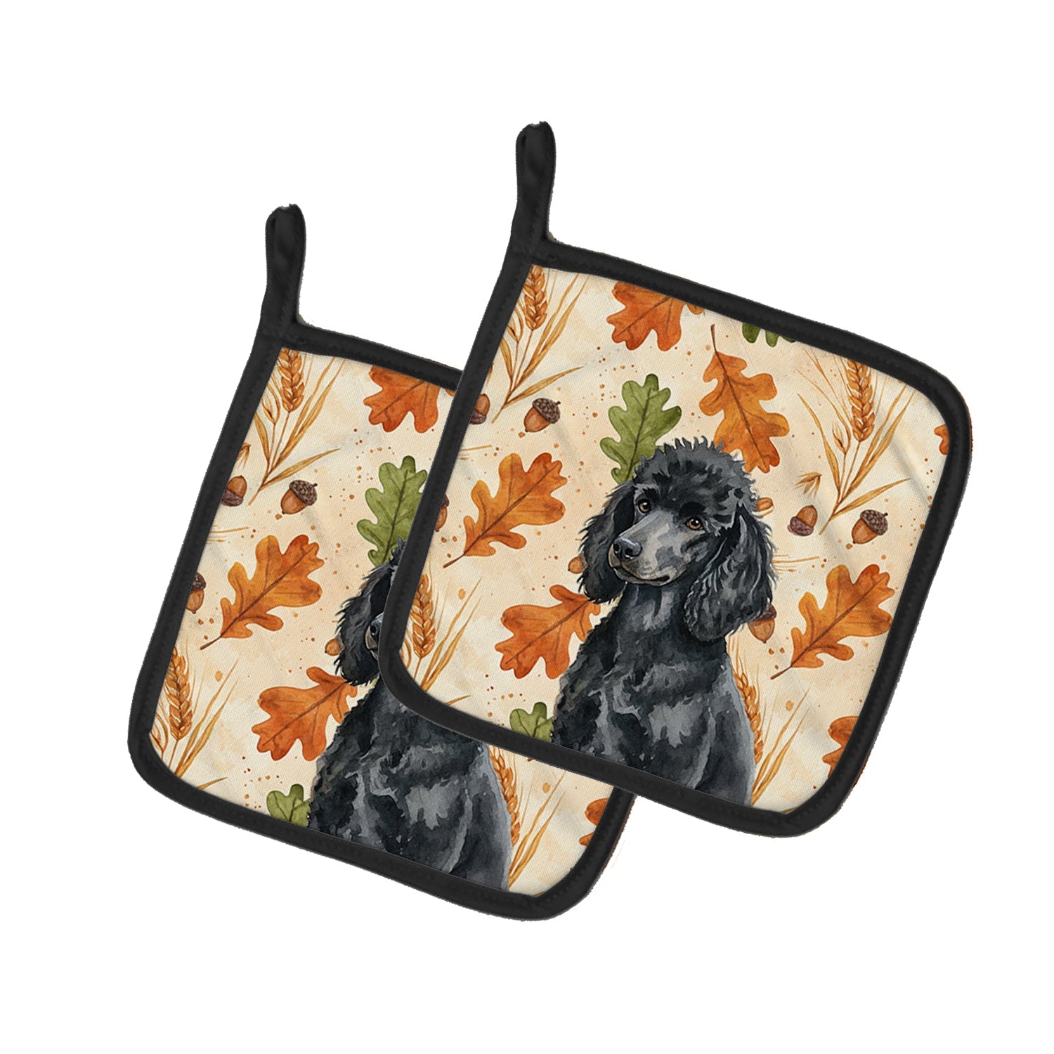 Standard Black Poodle Heirloom Fall Pot Holder Set of 2 Heat Resistant Quilted Hot Pads 7.5 x 7.5 Inch, Insulated Kitchen Trivets for Cooking & Baking