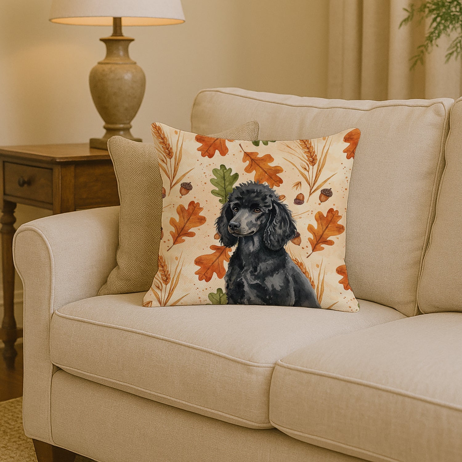 Standard Black Poodle Heirloom Fall Decorative Throw Pillow 14x14 Indoor Outdoor Accent Cushion, Fabric Cover with Insert for Sofa, Bed, Porch & Living Room