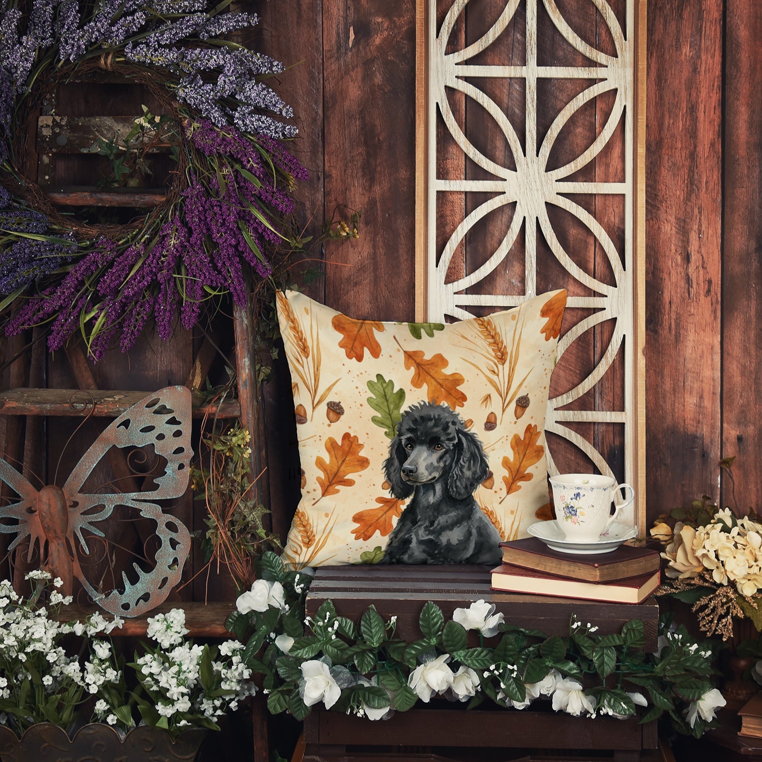 Standard Black Poodle Heirloom Fall Decorative Throw Pillow 14x14 Indoor Outdoor Accent Cushion, Fabric Cover with Insert for Sofa, Bed, Porch & Living Room