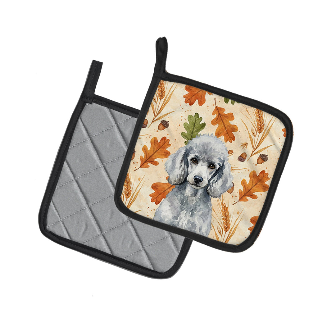 Standard Silver Poodle Heirloom Fall Pot Holder Set of 2 Heat Resistant Quilted Hot Pads 7.5 x 7.5 Inch, Insulated Kitchen Trivets for Cooking & Baking