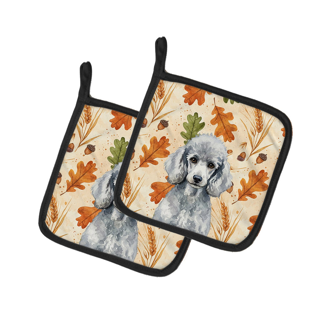 Standard Silver Poodle Heirloom Fall Pot Holder Set of 2 Heat Resistant Quilted Hot Pads 7.5 x 7.5 Inch, Insulated Kitchen Trivets for Cooking & Baking