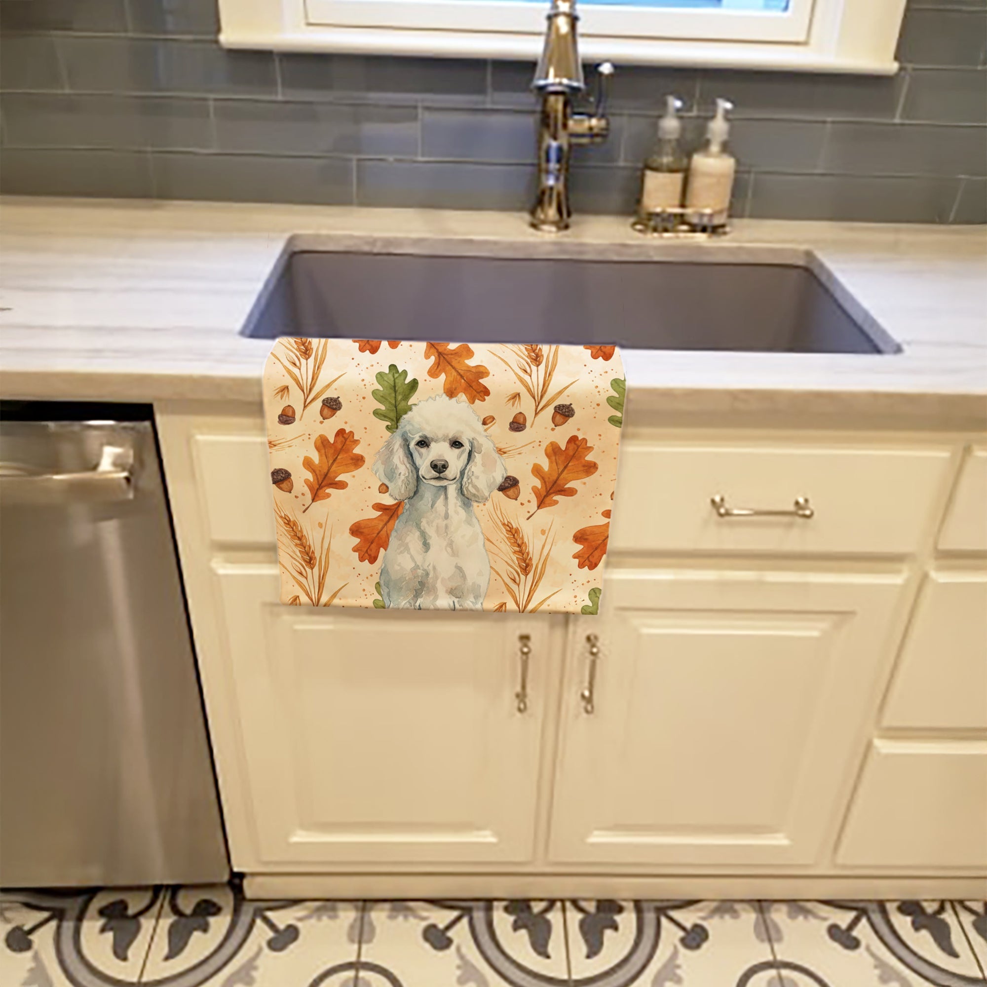 Standard White Poodle Heirloom Fall Kitchen Towel Velour Plush Front and Cotton Loop Back Machine Washable