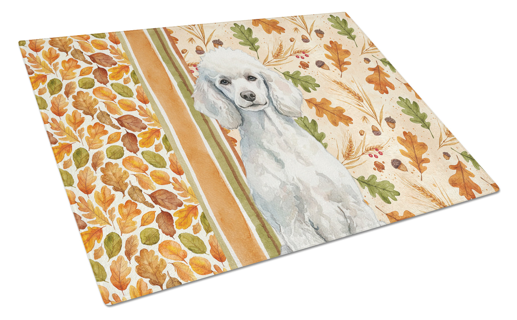 Standard White Poodle Heirloom Fall Cutting Board Tempered Glass Kitchen Cutting Surface, Heat Resistant Chopping, Non-Slip Feet, Food Prep & Serving