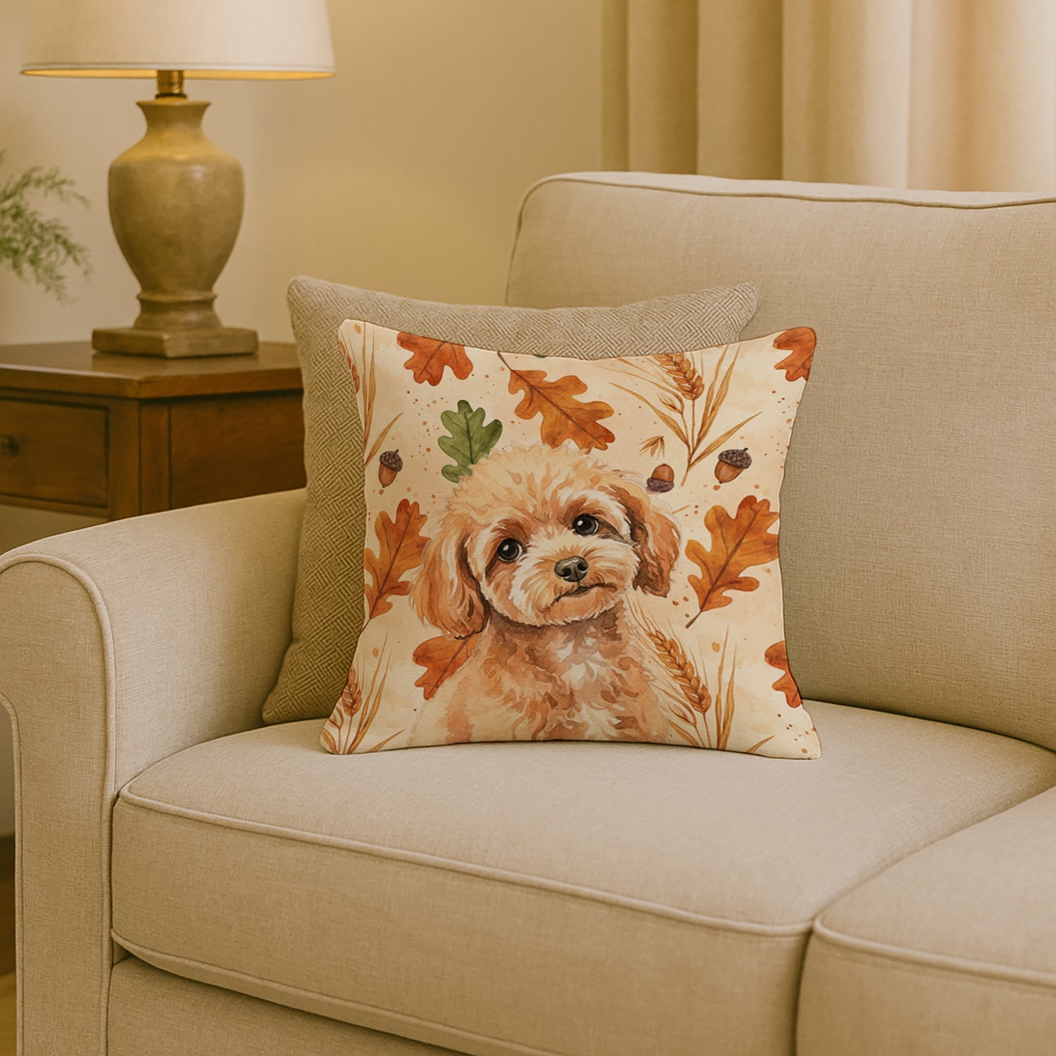 Toy Apricot Poodle Heirloom Fall Decorative Throw Pillow 18x18 Indoor Outdoor Accent Cushion, Fabric Cover with Insert for Sofa, Bed, Porch & Living Room