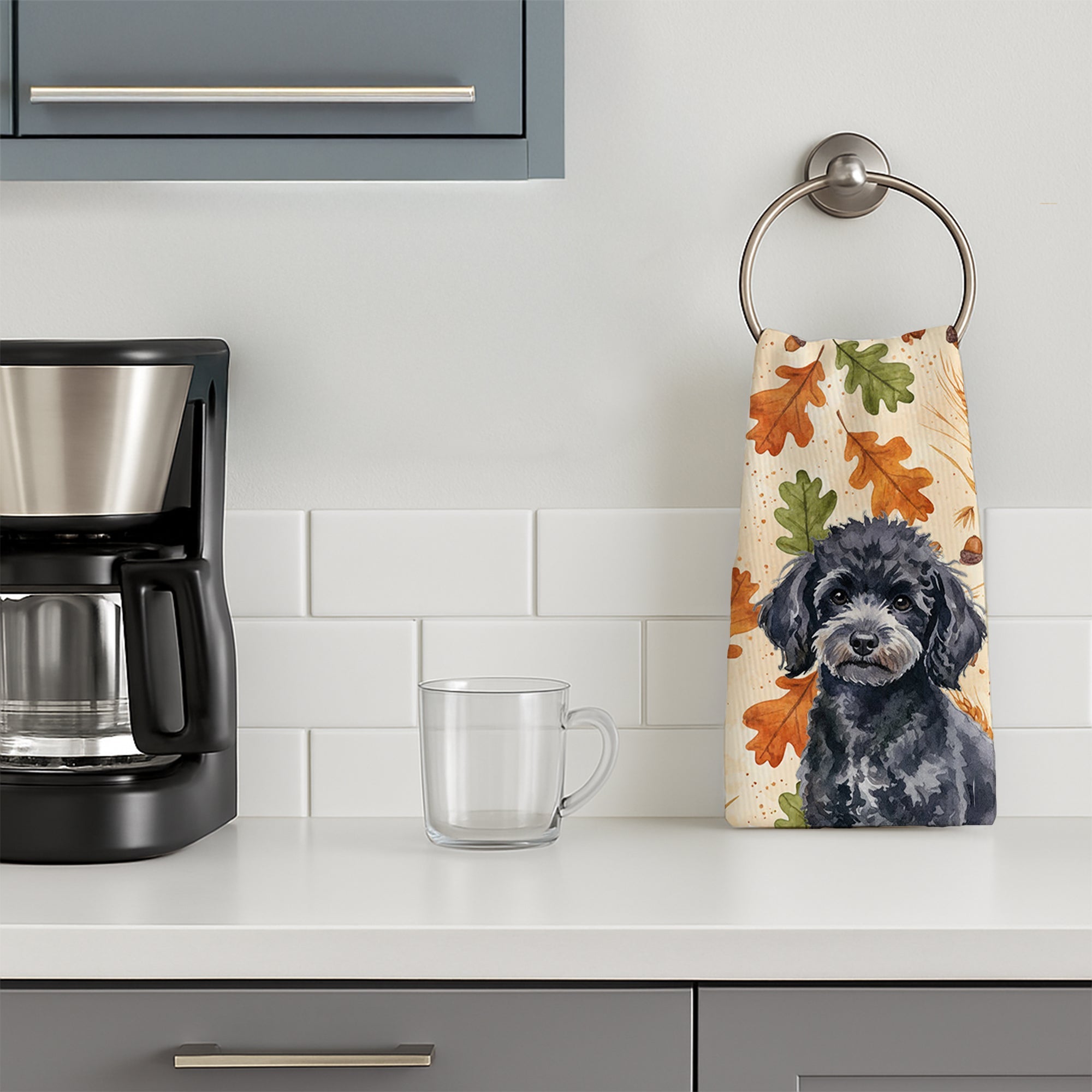 Toy Black Poodle Heirloom Fall Kitchen Towel Velour Plush Front and Cotton Loop Back Machine Washable