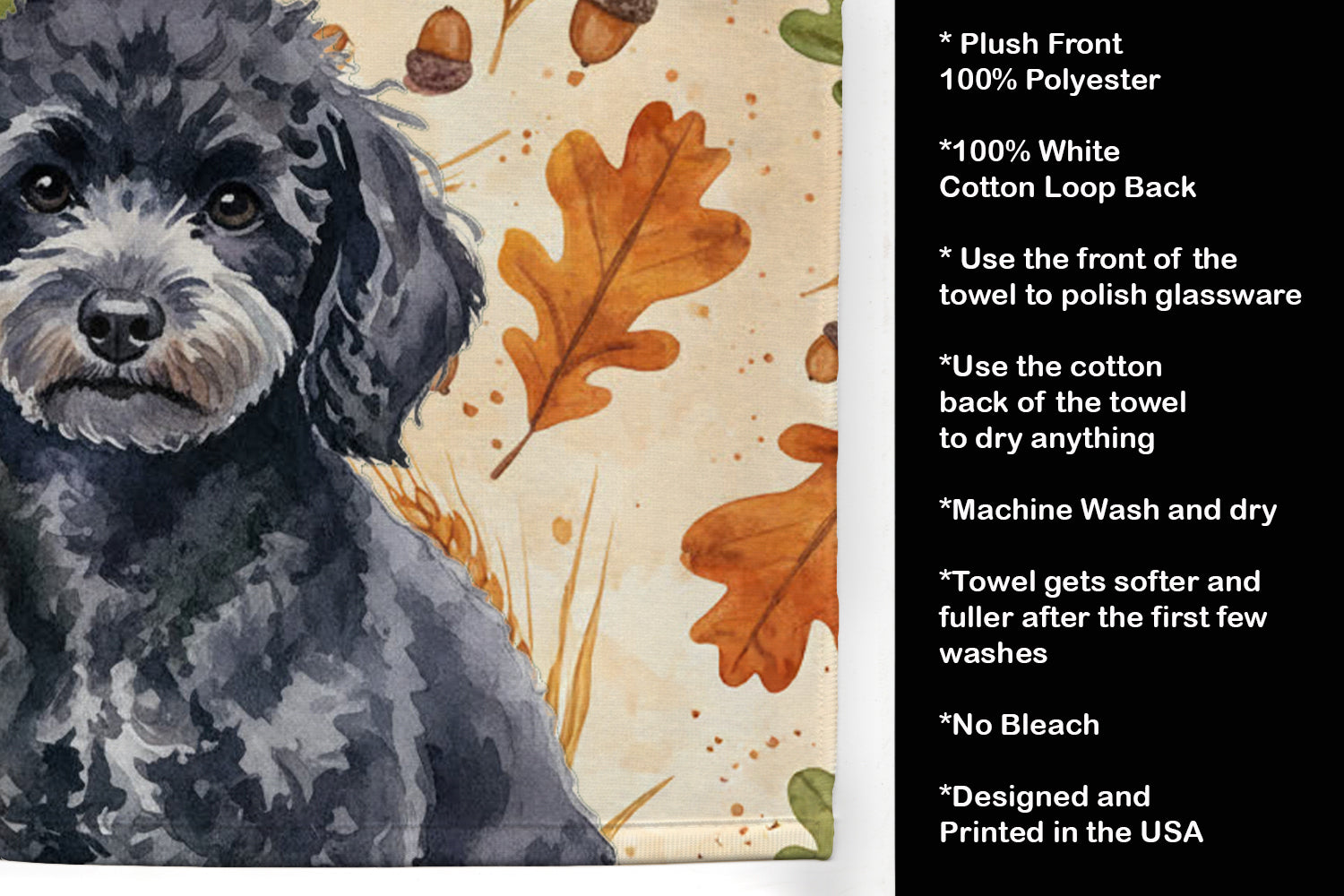 Toy Black Poodle Heirloom Fall Kitchen Towel Velour Plush Front and Cotton Loop Back Machine Washable