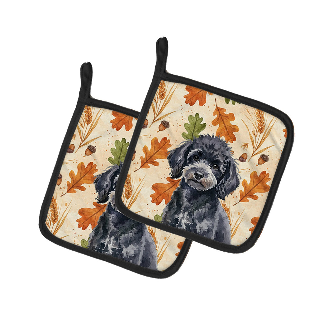 Toy Black Poodle Heirloom Fall Pot Holder Set of 2 Heat Resistant Quilted Hot Pads 7.5 x 7.5 Inch, Insulated Kitchen Trivets for Cooking & Baking