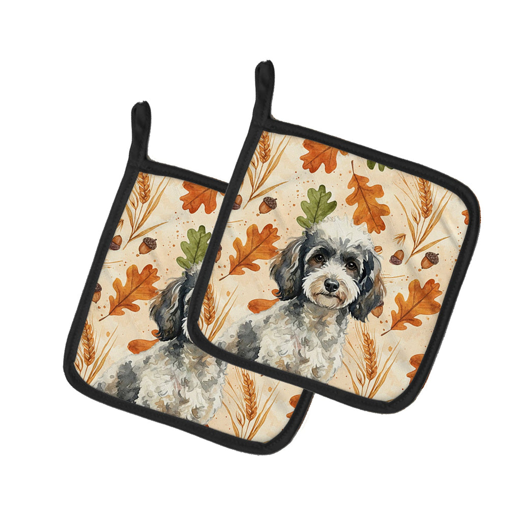 Toy Parti Poodle Heirloom Fall Pot Holder Set of 2 Heat Resistant Quilted Hot Pads 7.5 x 7.5 Inch, Insulated Kitchen Trivets for Cooking & Baking