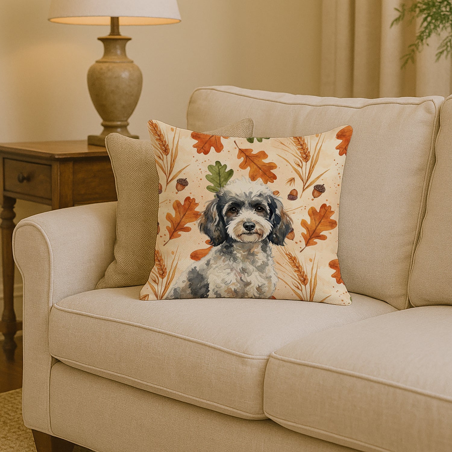 Toy Parti Poodle Heirloom Fall Decorative Throw Pillow 14x14 Indoor Outdoor Accent Cushion, Fabric Cover with Insert for Sofa, Bed, Porch & Living Room