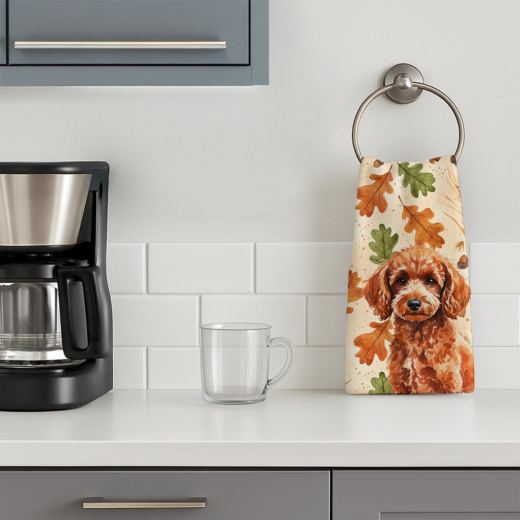 Toy Red Poodle Heirloom Fall Kitchen Towel Velour Plush Front and Cotton Loop Back Machine Washable