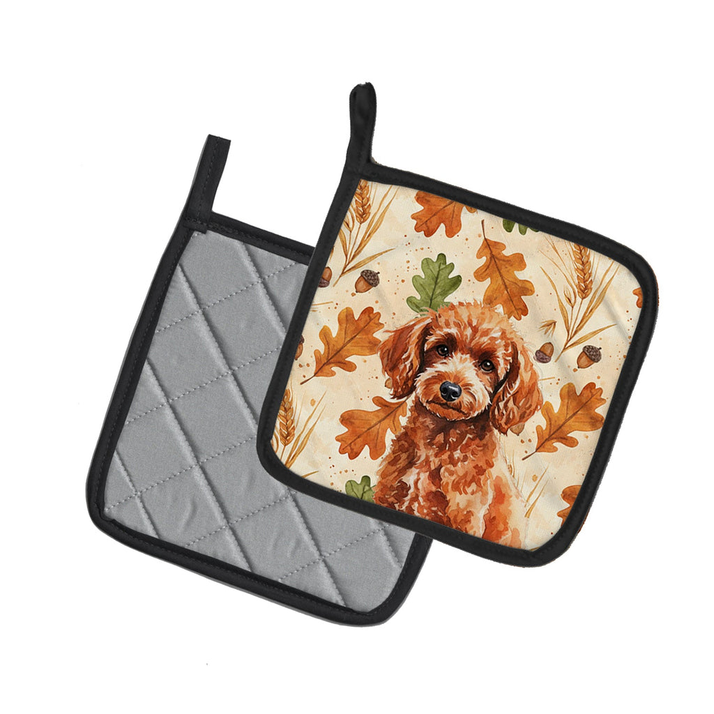 Toy Red Poodle Heirloom Fall Pot Holder Set of 2 Heat Resistant Quilted Hot Pads 7.5 x 7.5 Inch, Insulated Kitchen Trivets for Cooking & Baking