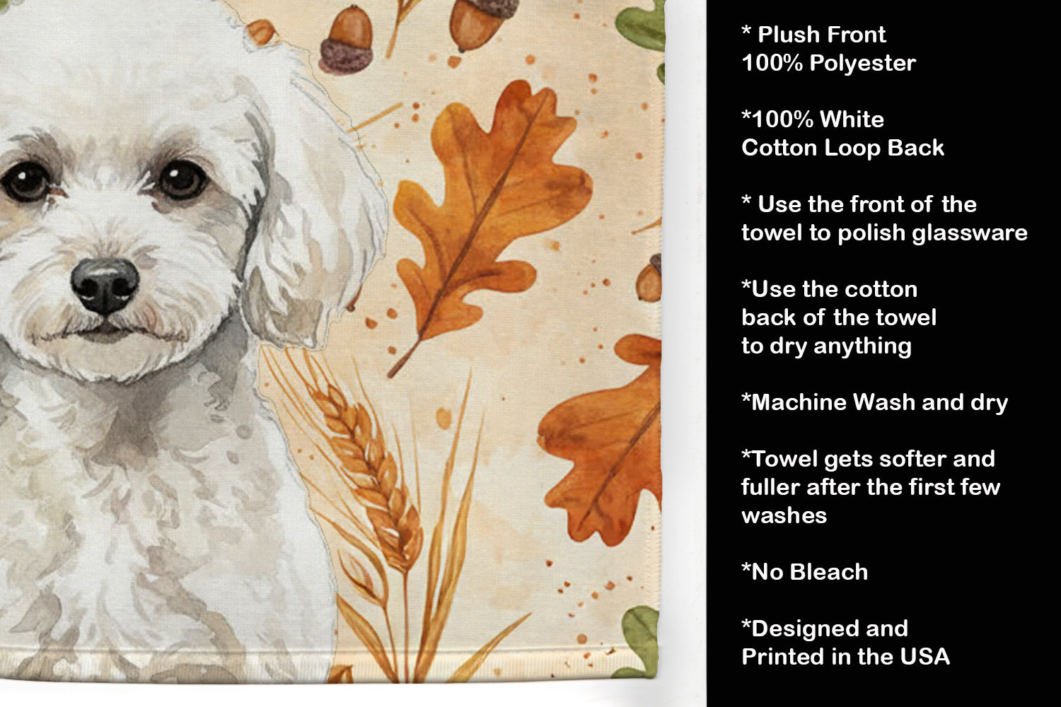 Toy White Poodle Heirloom Fall Kitchen Towel Velour Plush Front and Cotton Loop Back Machine Washable