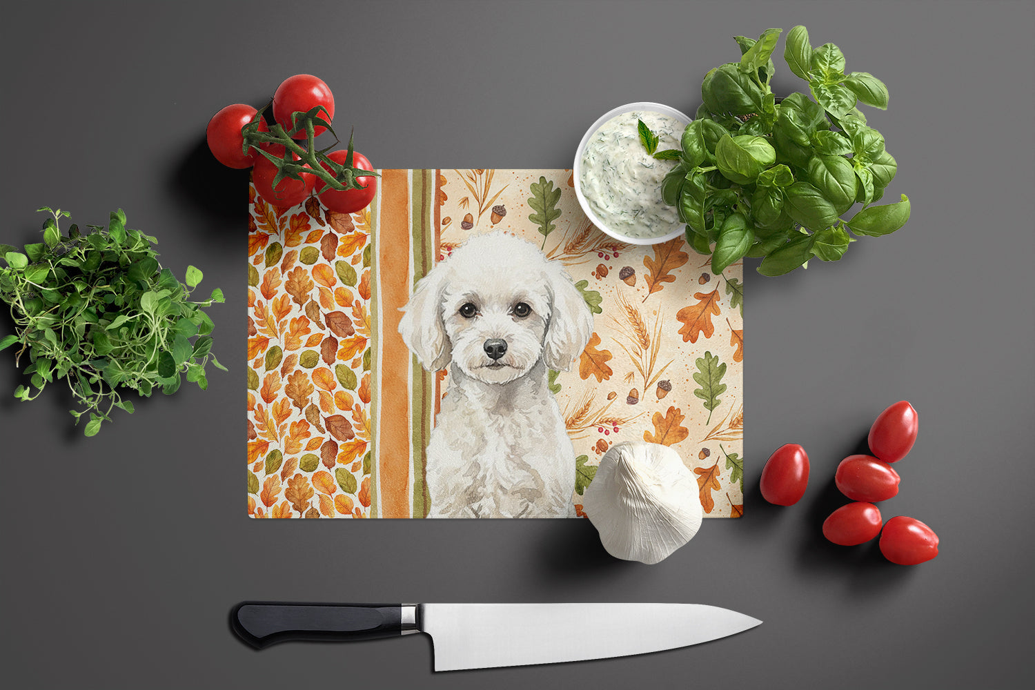 Toy White Poodle Heirloom Fall Cutting Board Tempered Glass Kitchen Cutting Surface, Heat Resistant Chopping, Non-Slip Feet, Food Prep & Serving