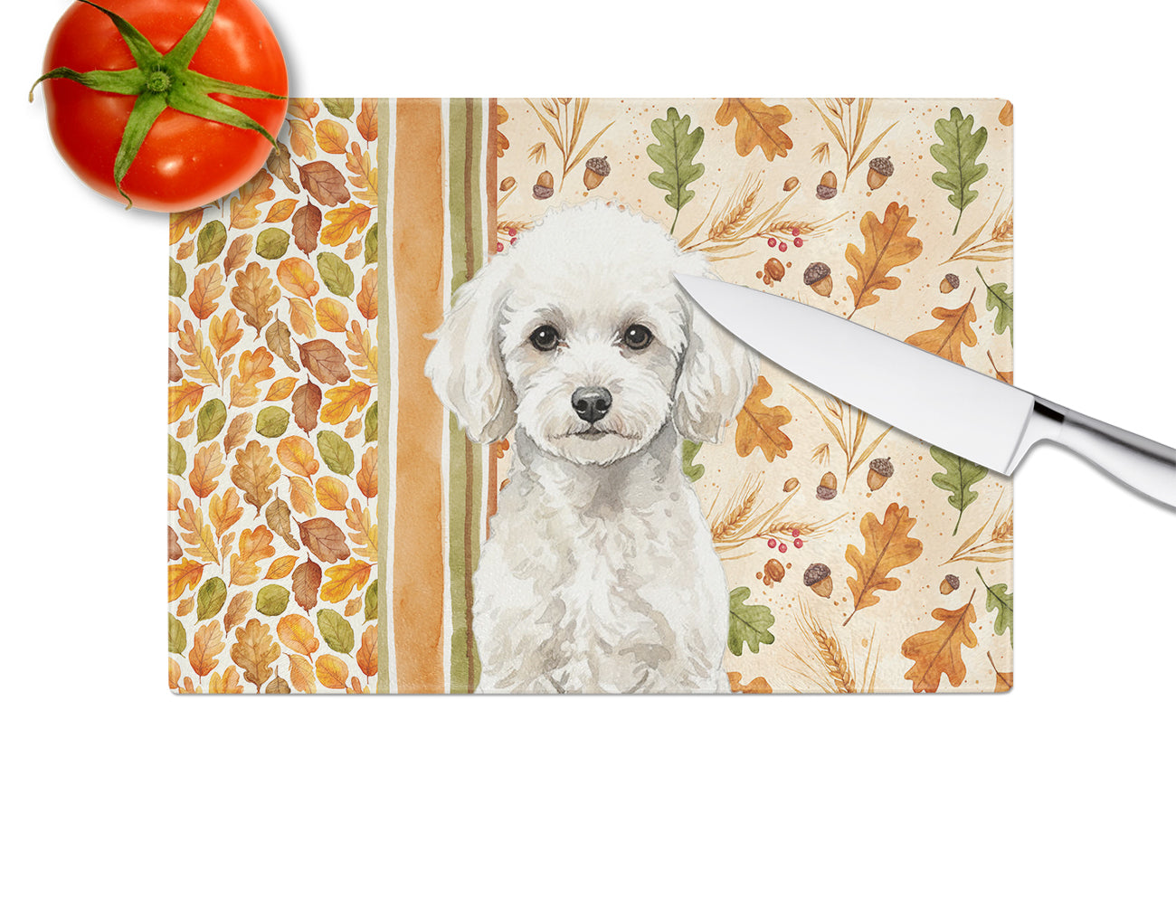 Toy White Poodle Heirloom Fall Cutting Board Tempered Glass Kitchen Cutting Surface, Heat Resistant Chopping, Non-Slip Feet, Food Prep & Serving
