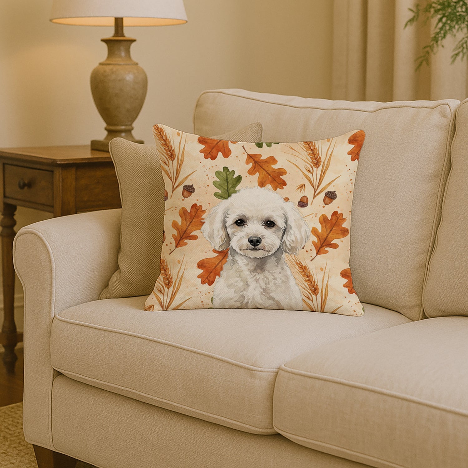 Toy White Poodle Heirloom Fall Decorative Throw Pillow 14x14 Indoor Outdoor Accent Cushion, Fabric Cover with Insert for Sofa, Bed, Porch & Living Room