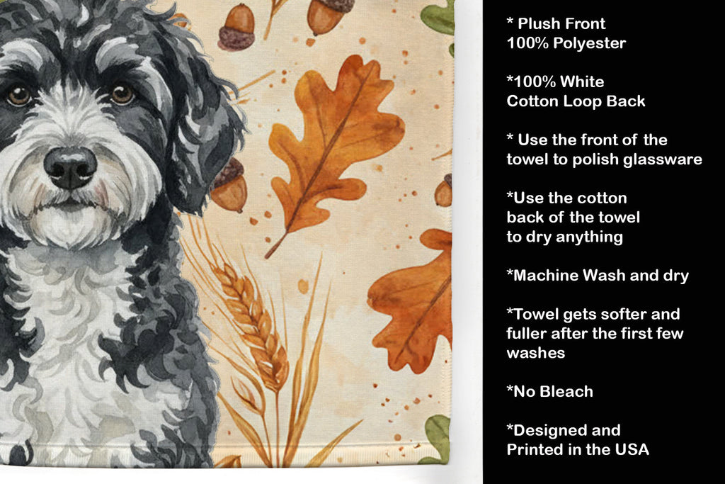 Portuguese Water Dog Heirloom Fall Kitchen Towel Velour Plush Front and Cotton Loop Back Machine Washable