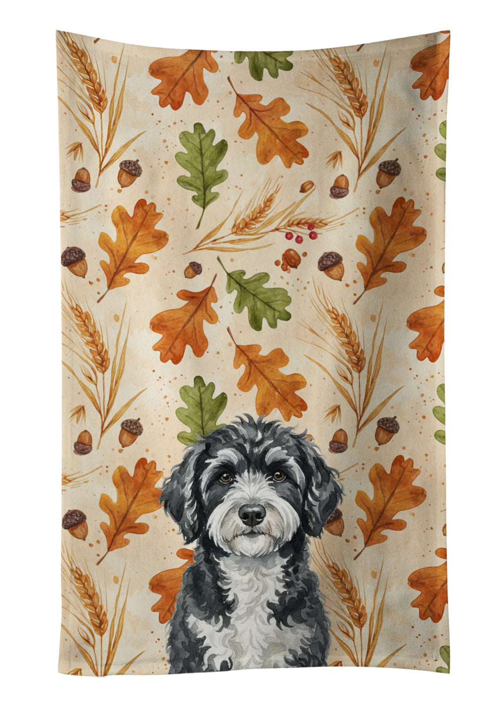 Portuguese Water Dog Heirloom Fall Kitchen Towel Velour Plush Front and Cotton Loop Back Machine Washable