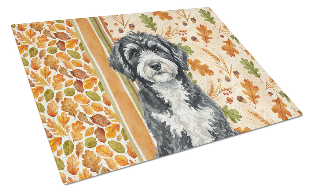 Portuguese Water Dog Heirloom Fall Cutting Board Tempered Glass Kitchen Cutting Surface, Heat Resistant Chopping, Non-Slip Feet, Food Prep & Serving