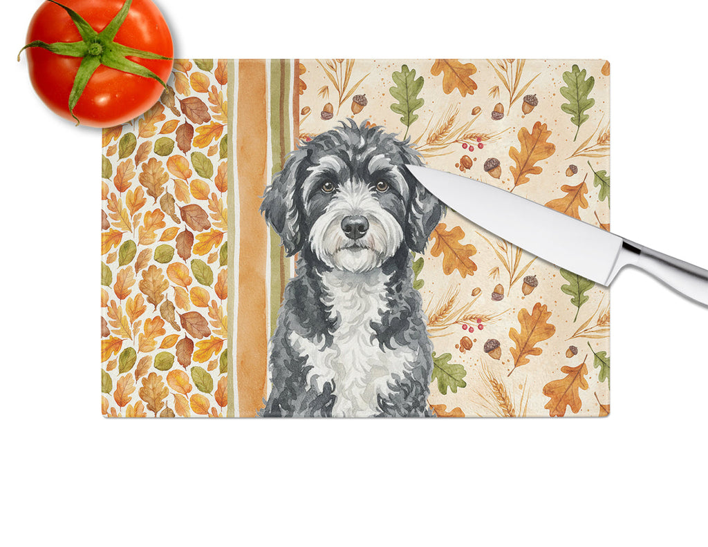 Portuguese Water Dog Heirloom Fall Cutting Board Tempered Glass Kitchen Cutting Surface, Heat Resistant Chopping, Non-Slip Feet, Food Prep & Serving