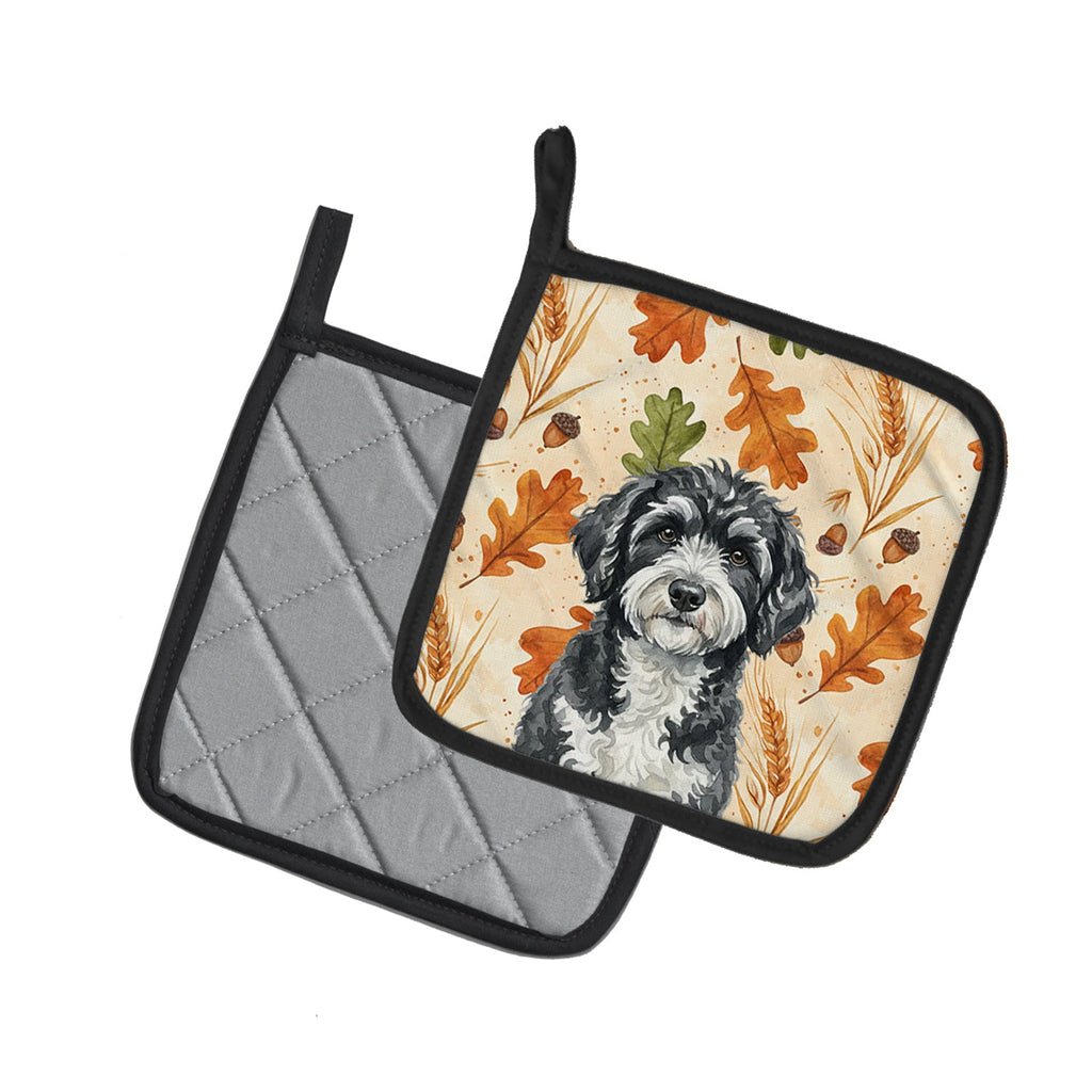 Portuguese Water Dog Heirloom Fall Pot Holder Set of 2 Heat Resistant Quilted Hot Pads 7.5 x 7.5 Inch, Insulated Kitchen Trivets for Cooking & Baking