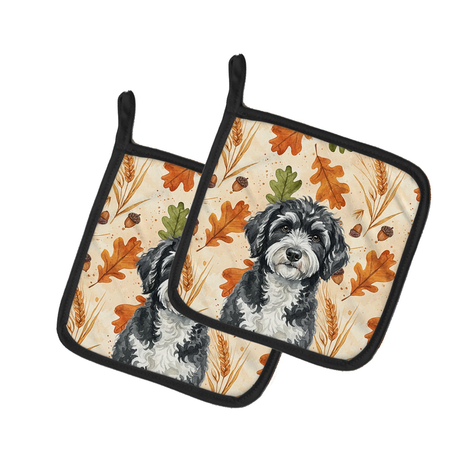 Portuguese Water Dog Heirloom Fall Pot Holder Set of 2 Heat Resistant Quilted Hot Pads 7.5 x 7.5 Inch, Insulated Kitchen Trivets for Cooking & Baking
