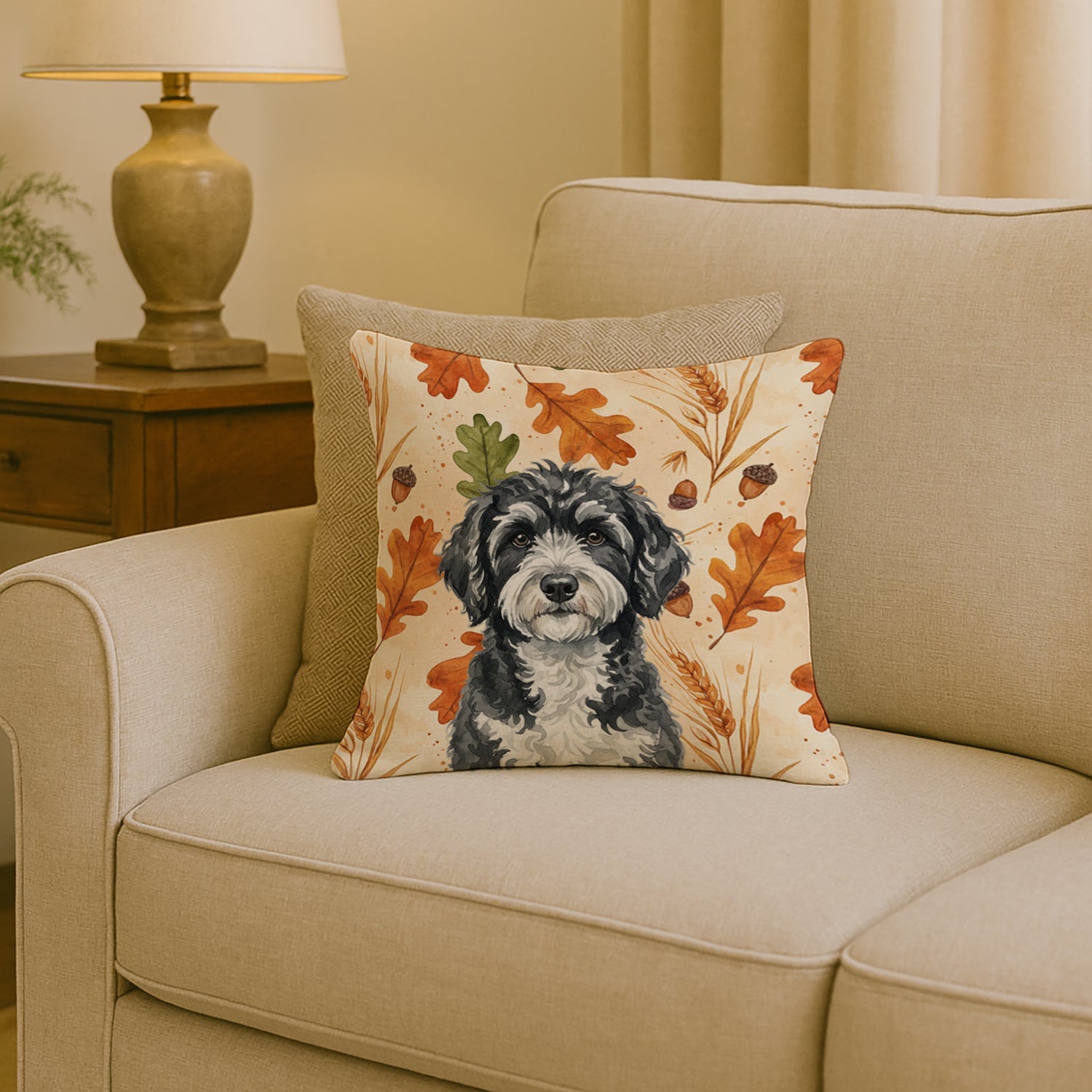 Portuguese Water Dog Heirloom Fall Decorative Throw Pillow 18x18 Indoor Outdoor Accent Cushion, Fabric Cover with Insert for Sofa, Bed, Porch & Living Room