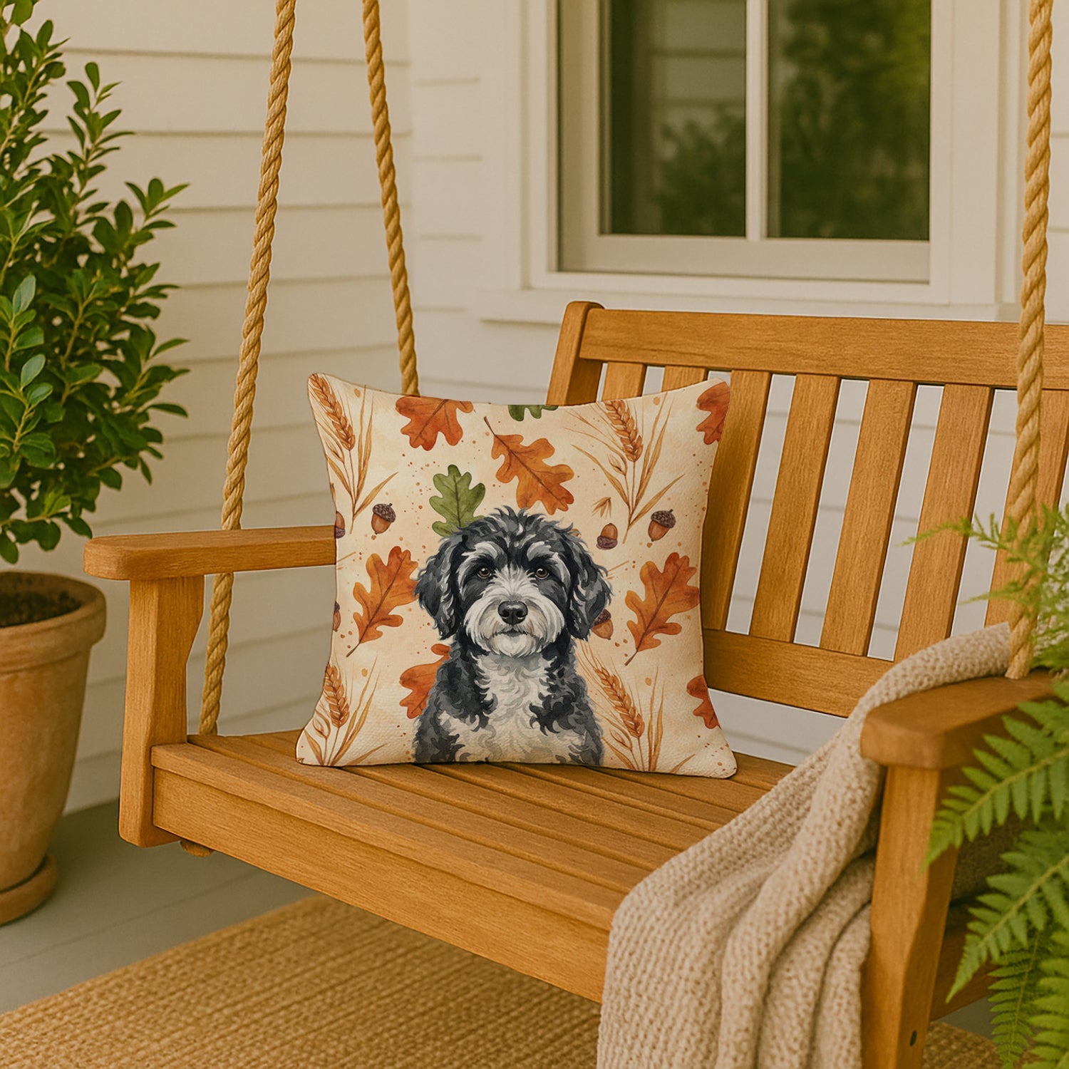Portuguese Water Dog Heirloom Fall Decorative Throw Pillow 18x18 Indoor Outdoor Accent Cushion, Fabric Cover with Insert for Sofa, Bed, Porch & Living Room