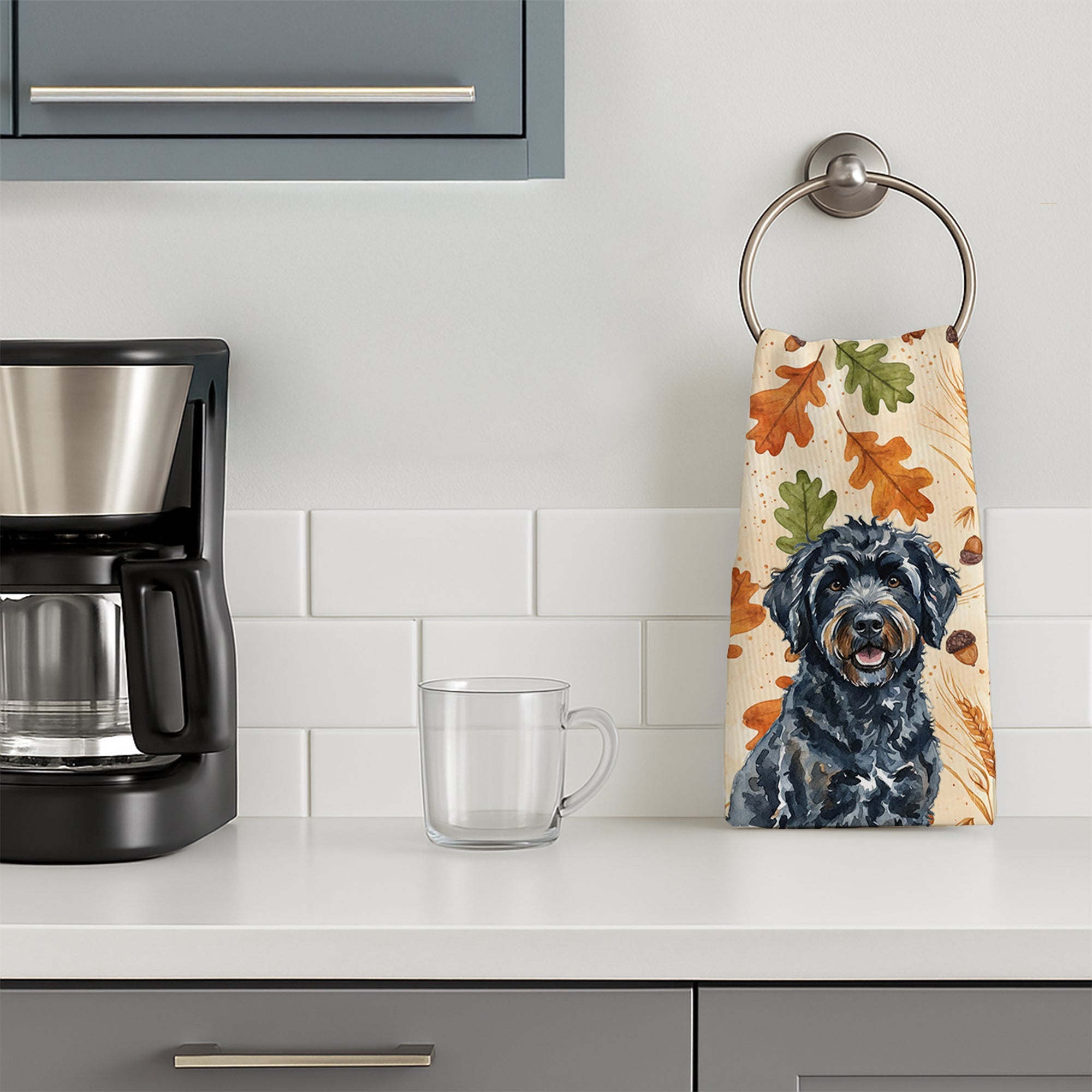 Black Portuguese Water Dog Heirloom Fall Kitchen Towel Velour Plush Front and Cotton Loop Back Machine Washable