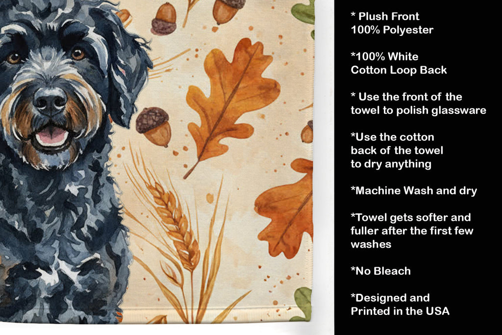 Black Portuguese Water Dog Heirloom Fall Kitchen Towel Velour Plush Front and Cotton Loop Back Machine Washable
