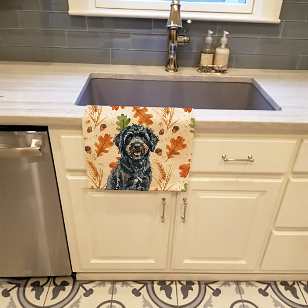 Black Portuguese Water Dog Heirloom Fall Kitchen Towel Velour Plush Front and Cotton Loop Back Machine Washable