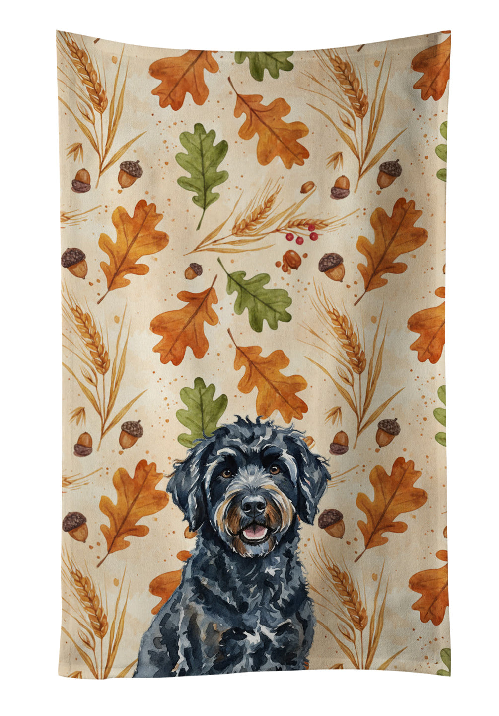 Black Portuguese Water Dog Heirloom Fall Kitchen Towel Velour Plush Front and Cotton Loop Back Machine Washable
