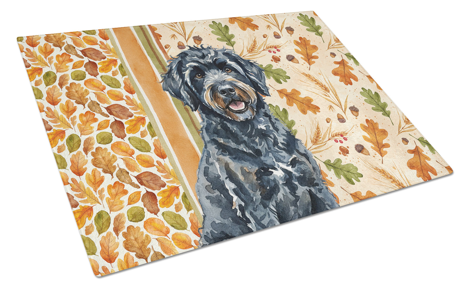 Black Portuguese Water Dog Heirloom Fall Cutting Board Tempered Glass Kitchen Cutting Surface, Heat Resistant Chopping, Non-Slip Feet, Food Prep & Serving