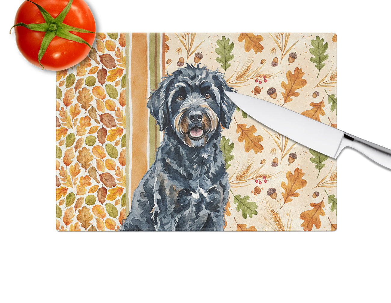 Black Portuguese Water Dog Heirloom Fall Cutting Board Tempered Glass Kitchen Cutting Surface, Heat Resistant Chopping, Non-Slip Feet, Food Prep & Serving