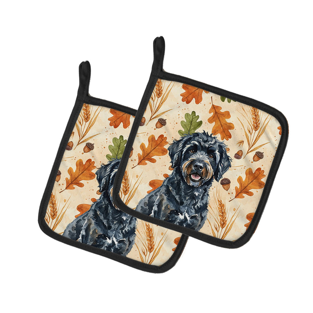 Black Portuguese Water Dog Heirloom Fall Pot Holder Set of 2 Heat Resistant Quilted Hot Pads 7.5 x 7.5 Inch, Insulated Kitchen Trivets for Cooking & Baking