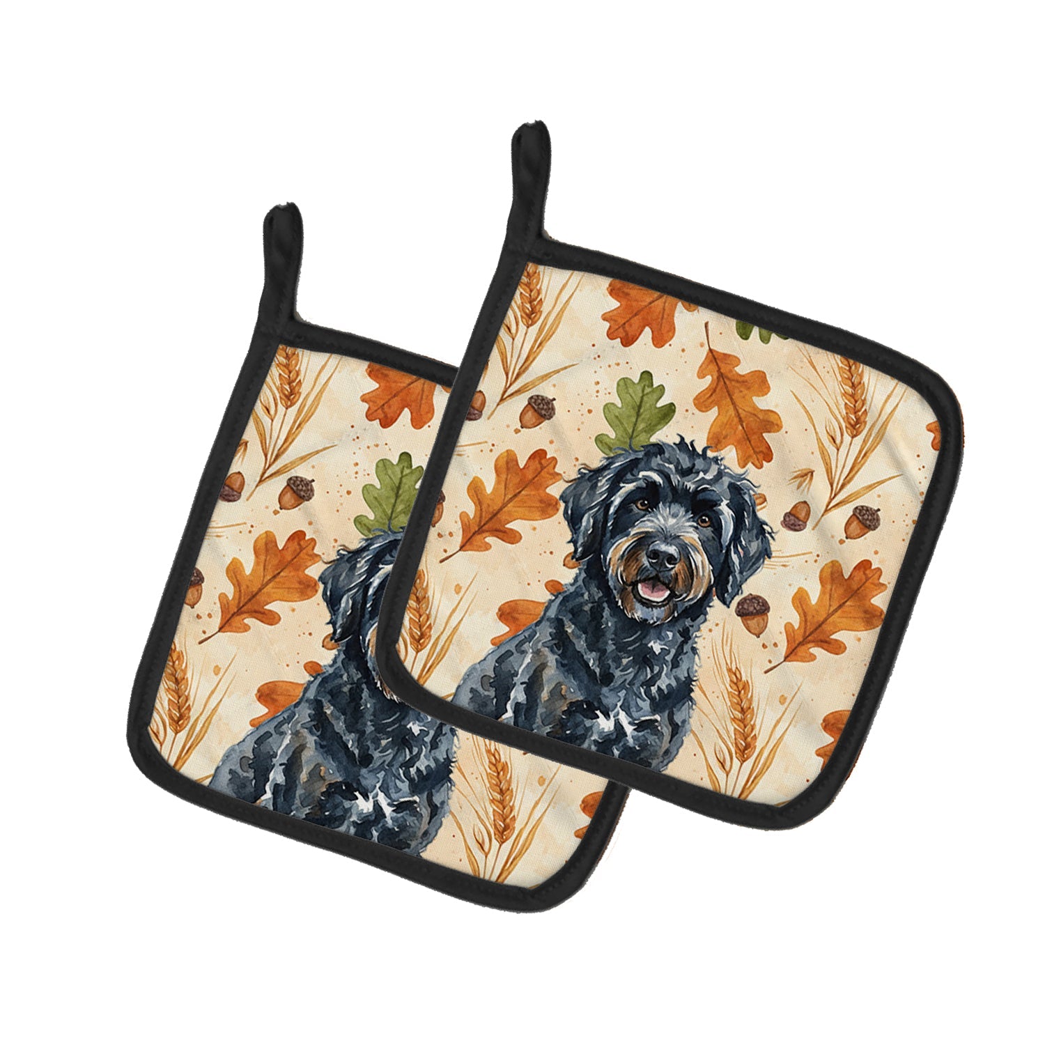 Black Portuguese Water Dog Heirloom Fall Pot Holder Set of 2 Heat Resistant Quilted Hot Pads 7.5 x 7.5 Inch, Insulated Kitchen Trivets for Cooking & Baking