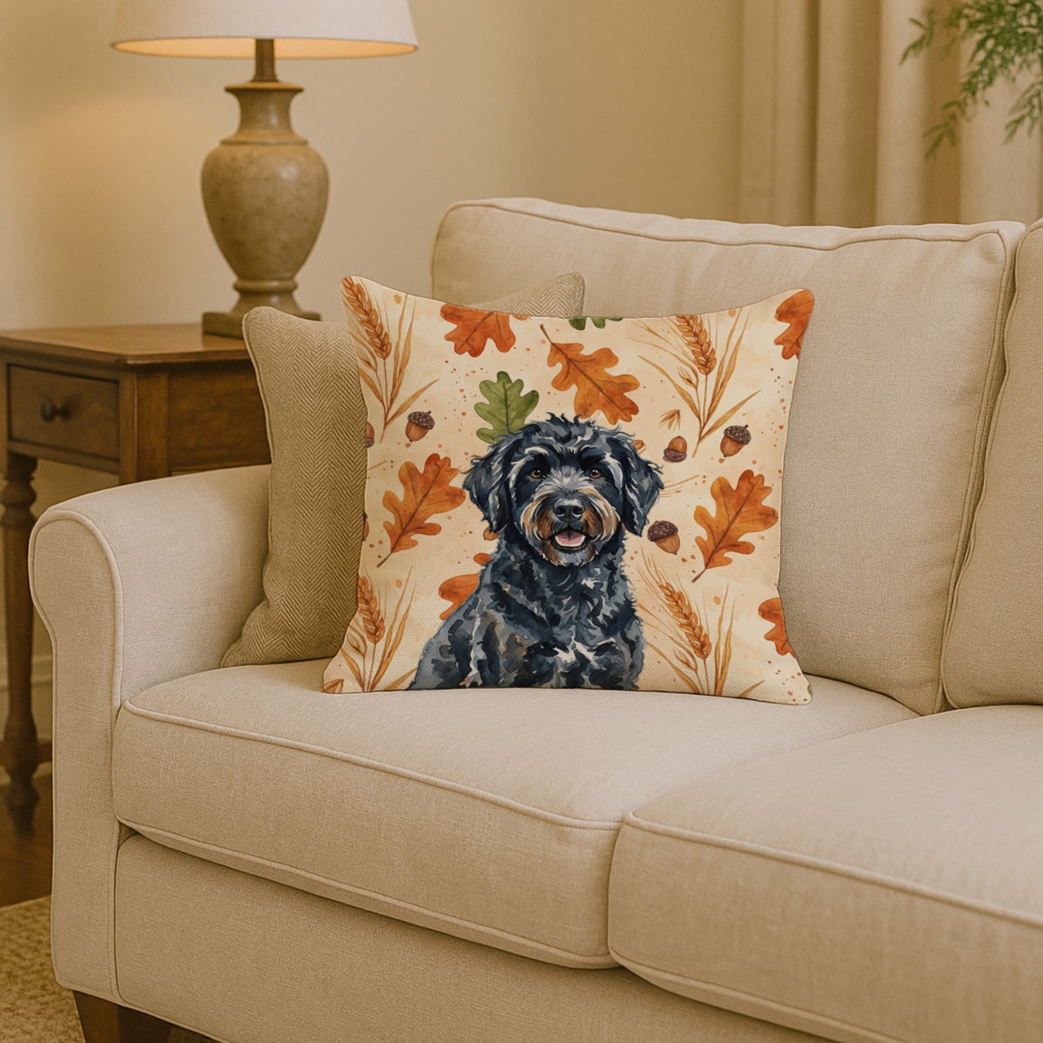 Black Portuguese Water Dog Heirloom Fall Decorative Throw Pillow 14x14 Indoor Outdoor Accent Cushion, Fabric Cover with Insert for Sofa, Bed, Porch & Living Room