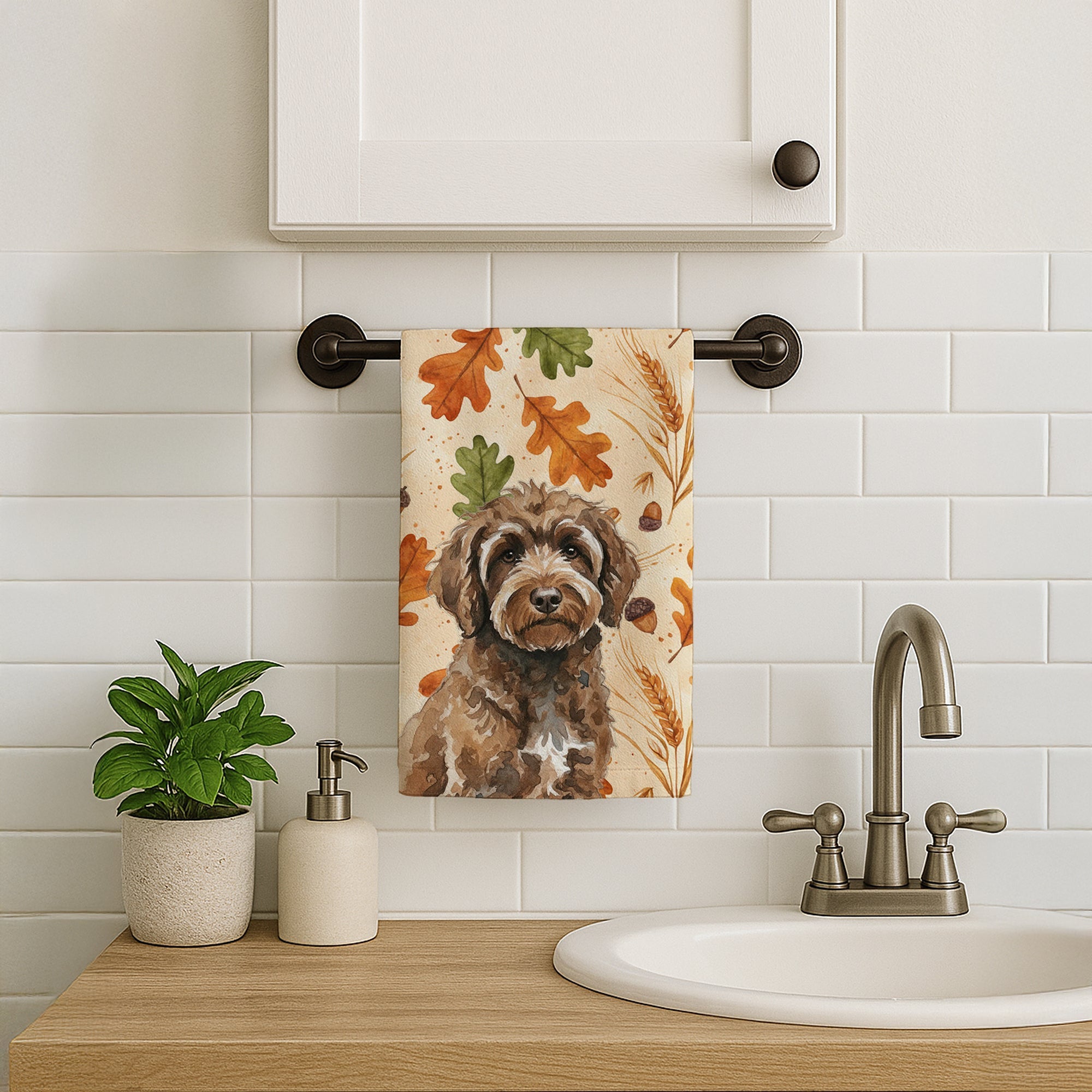Brown Portuguese Water Dog Heirloom Fall Kitchen Towel Velour Plush Front and Cotton Loop Back Machine Washable
